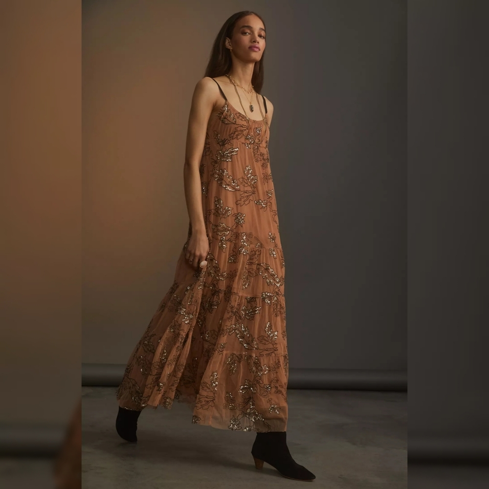 Maeve Anthropologie Sequined Tulle Midi Dress Brown Women's Size XL